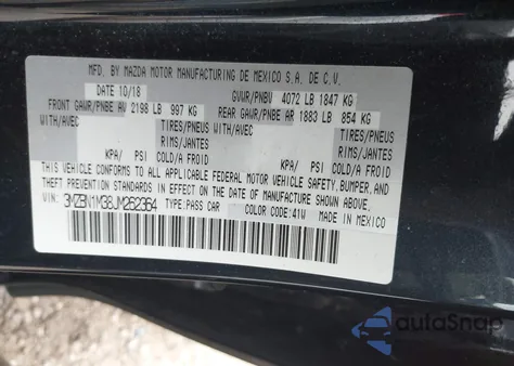 2018 Mazda Mazda3 Grand Touring z USA, uszkodzony, nr VIN 3MZBN1M38JM262364